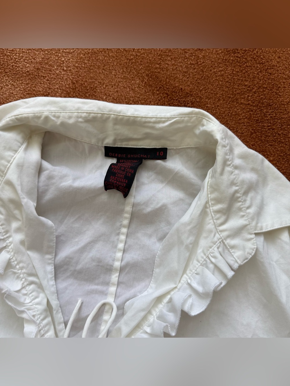 Women's White Ruffle-Front Button Blouse drawstring - Picture 2 of 8